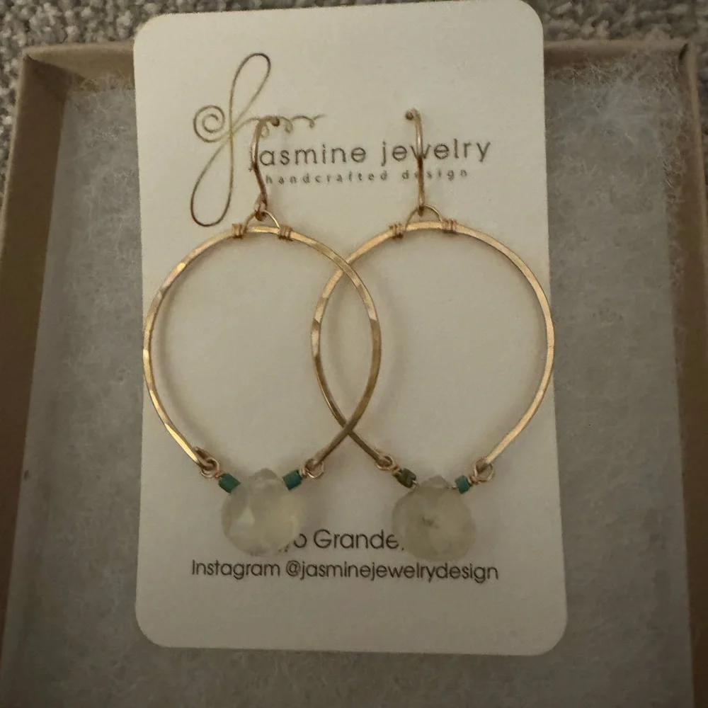 New Gold Hoop Earrings with Green Accents and Clear Rhinestone